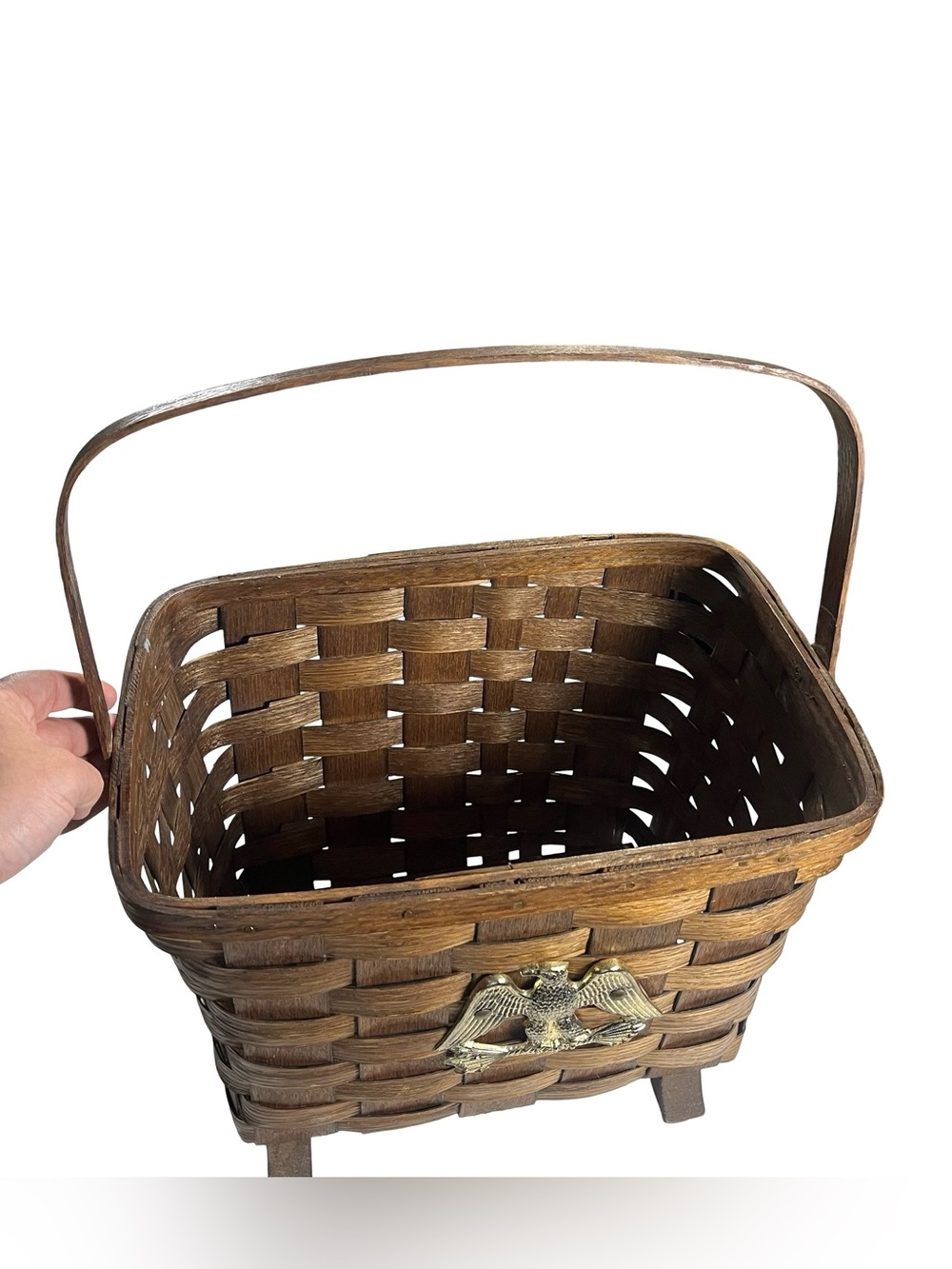 Basketville Putney Vermont Woven Wood Basket Brass Eagle Footed Magazine Carrier